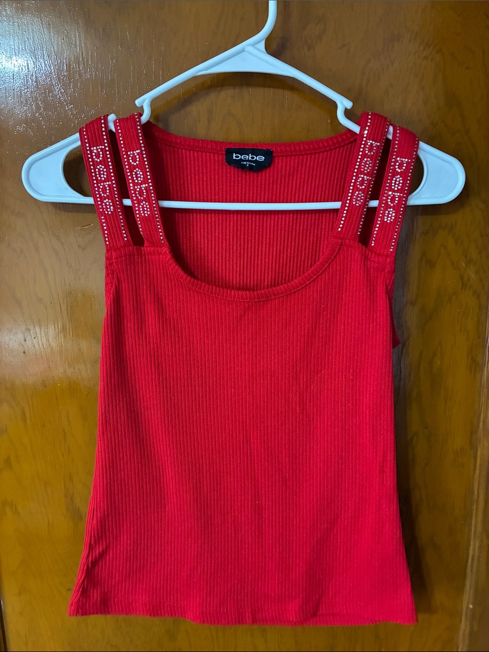 #20 - bebe Bright Red Ribbed Tank with Logo-Studded Straps